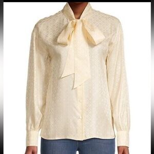 Tory Burch French Cream Silk Jacquard Bow Button Up - Sz. 16